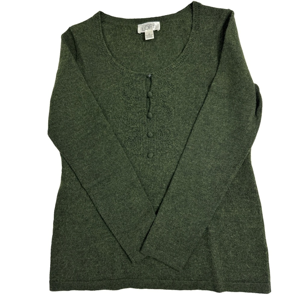 Loft Sweater Long Sleeves Pullover Green Embroidered Placket Women's Sz M